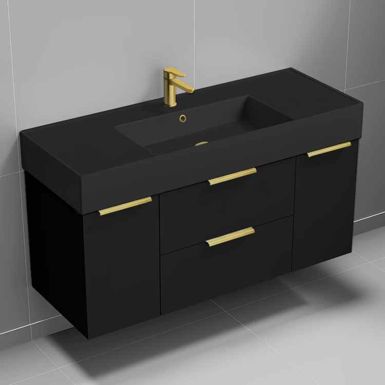 Nameeks DERIN666 Modern Bathroom Vanity With Black Sink, Wall Mount, 48 Inch, Matte Black